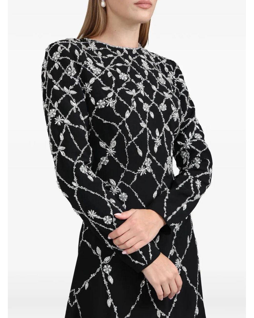 Dina Melwani Black Floral-Crystal Maxi Dress