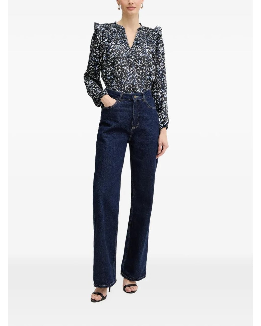 Morgan Blue Shirred Ruffled Blouse