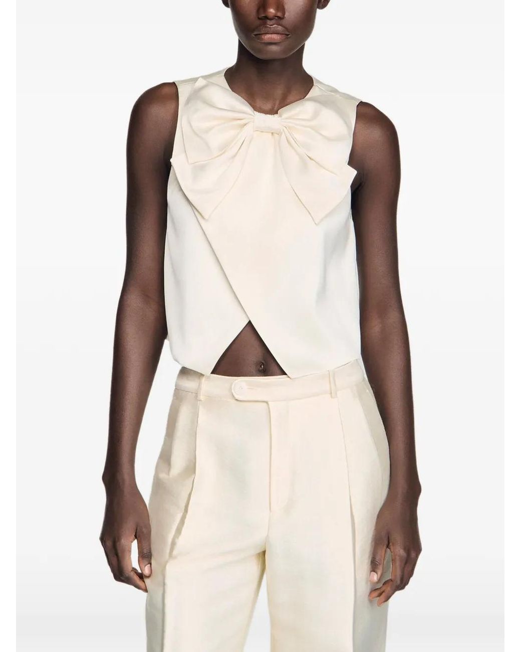 Sandro White Satin Bow Crop Top