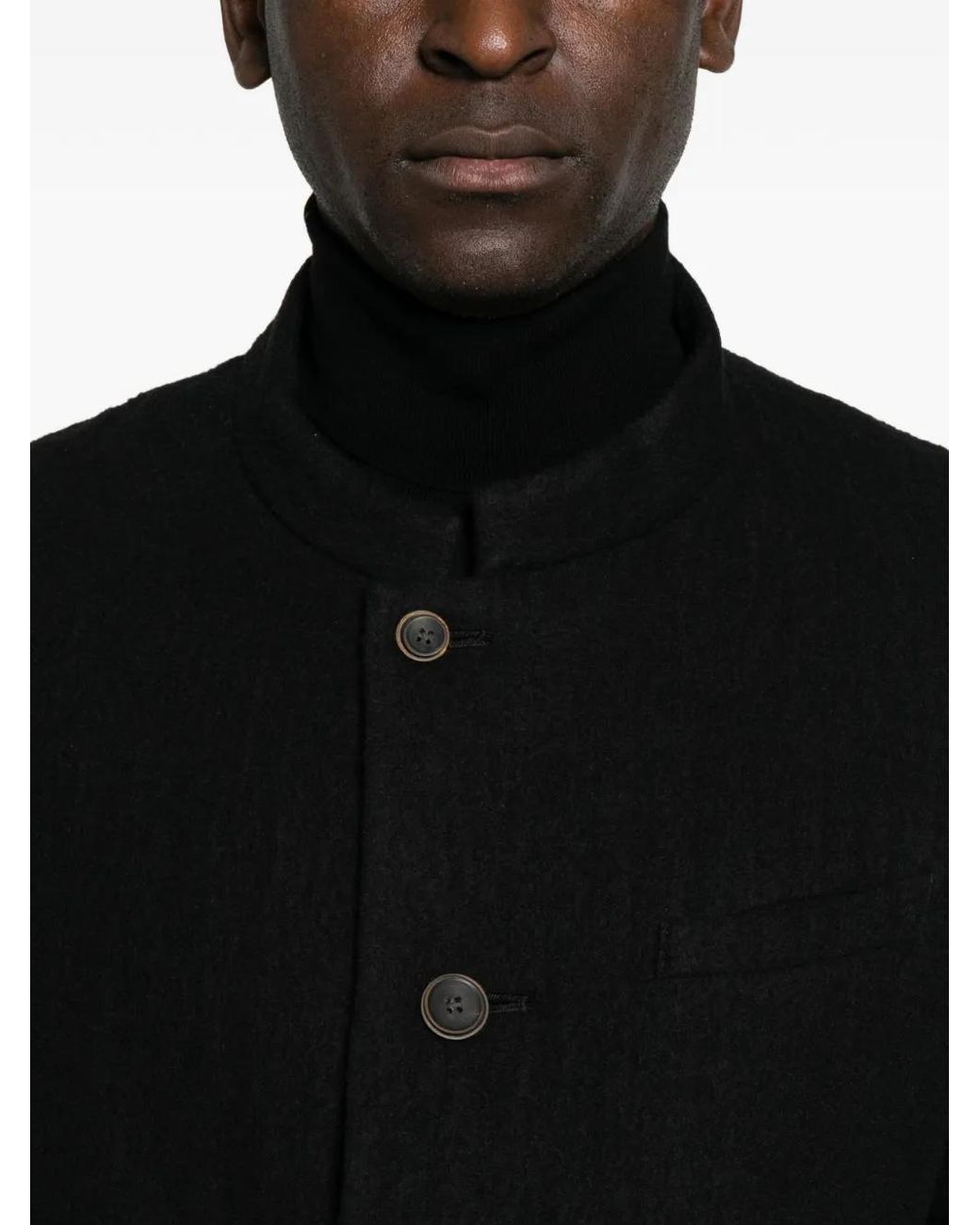 Individual Sentiments Black Mandarin-Collar Button-Up Blazer for men