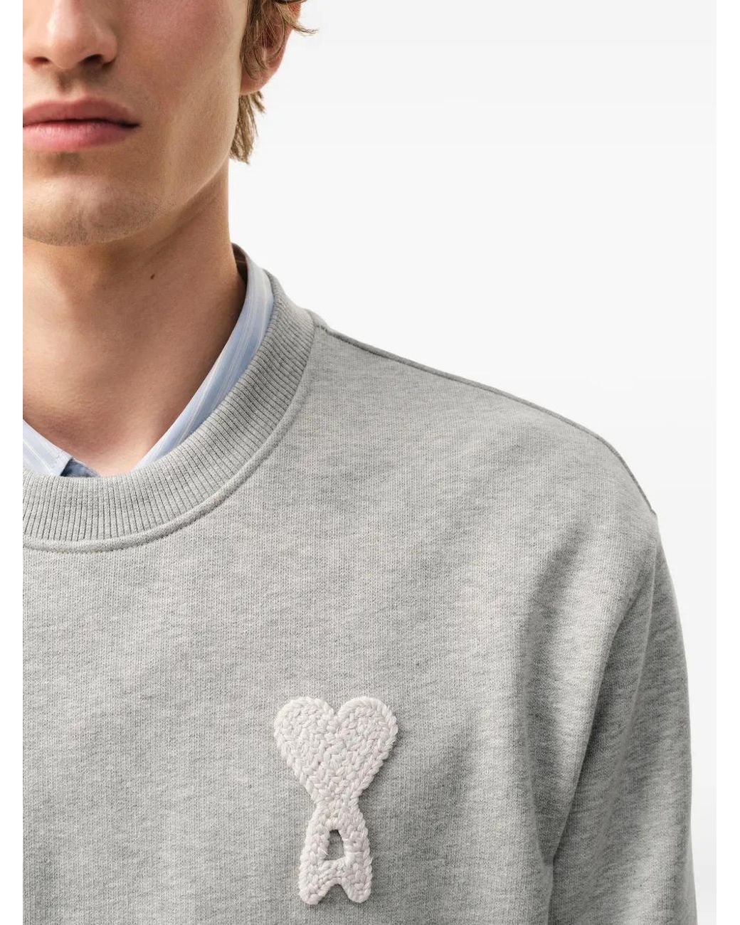 AMI Gray Crew Neck Logo-Patch Sweatshirt for men