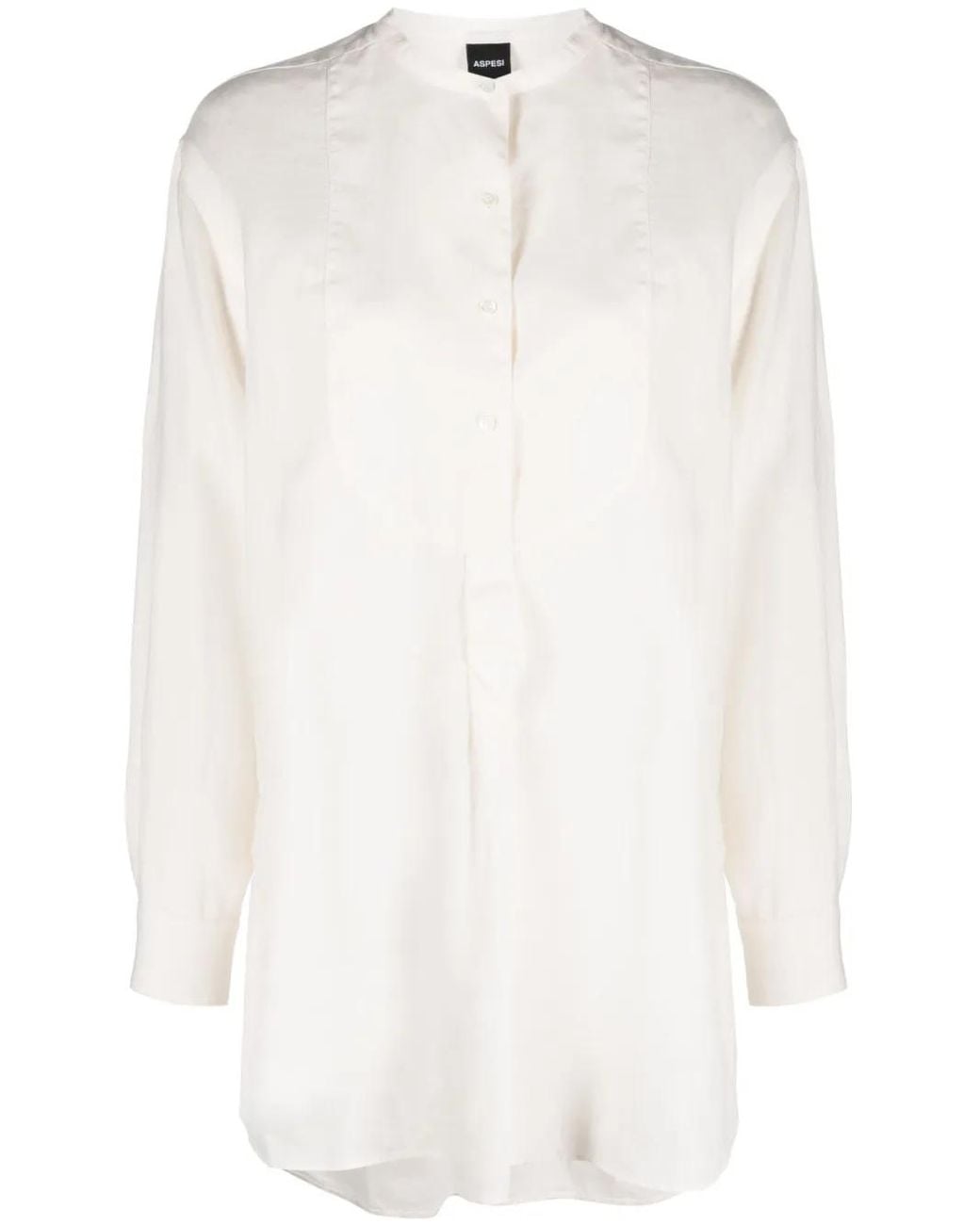 Aspesi White Collarless Linen Bib Shirt