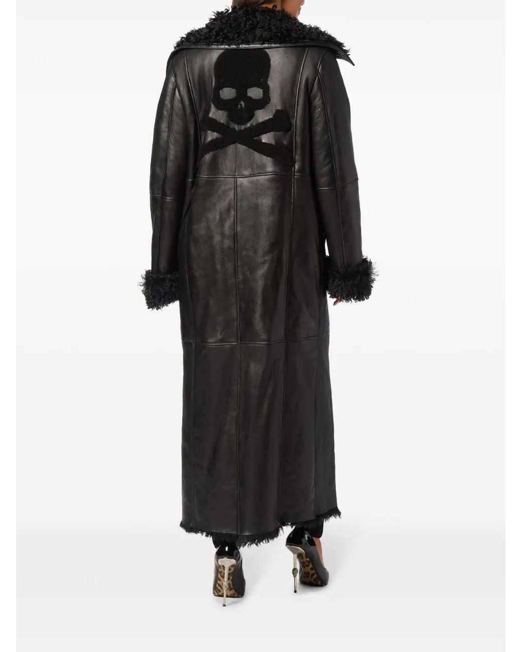 Philipp Plein Black Skull & Bones Shearling Coat