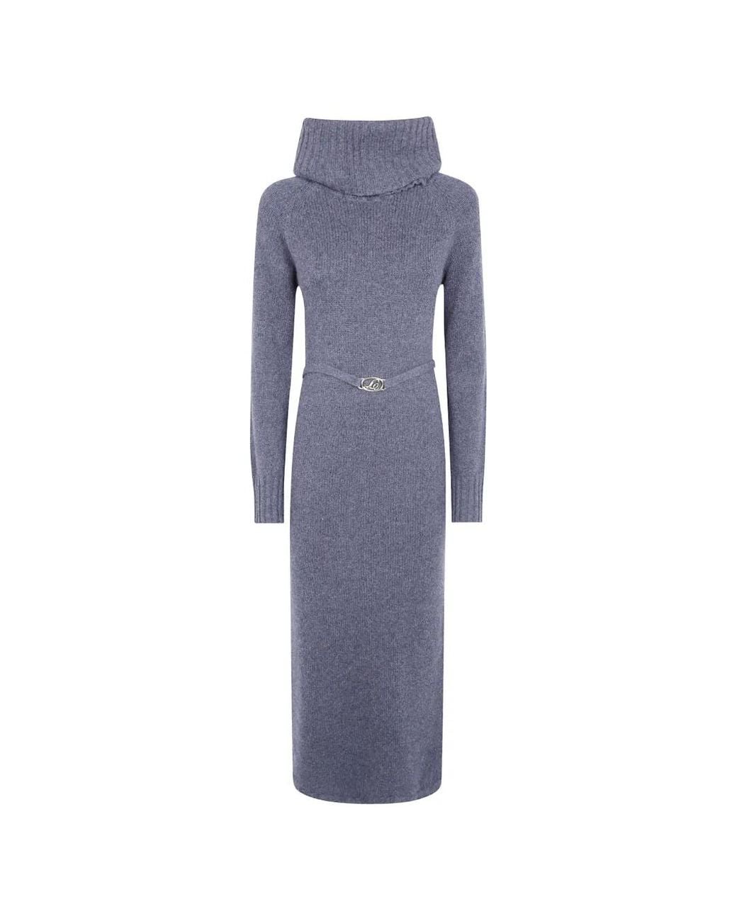 Twinset Blue Belted Ribbed-Knit Midi Dress