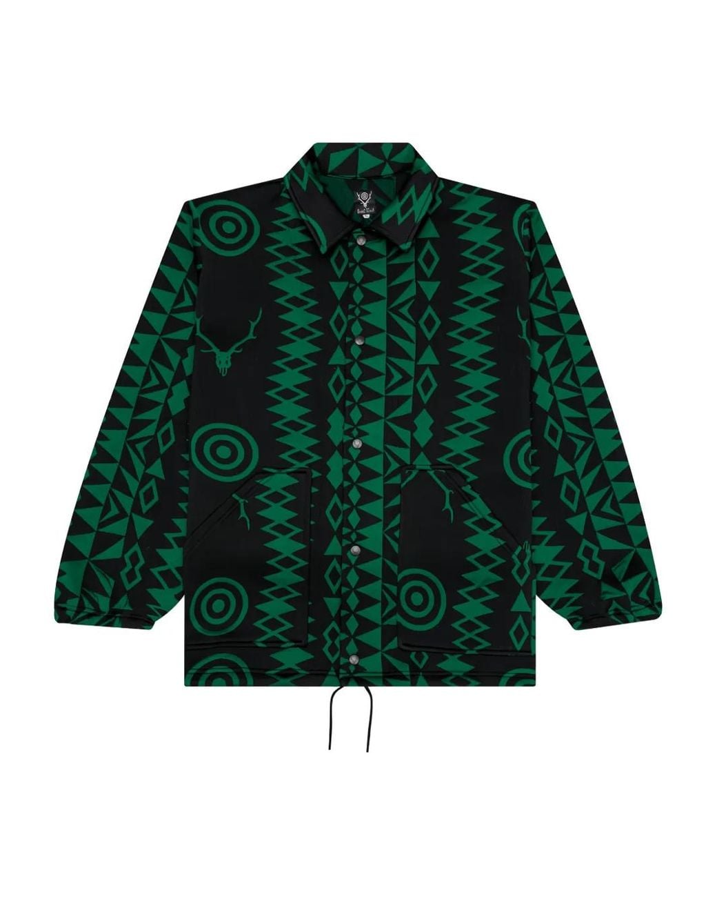South2 West8 Green Geometric-Pattern Coach Jacket for men