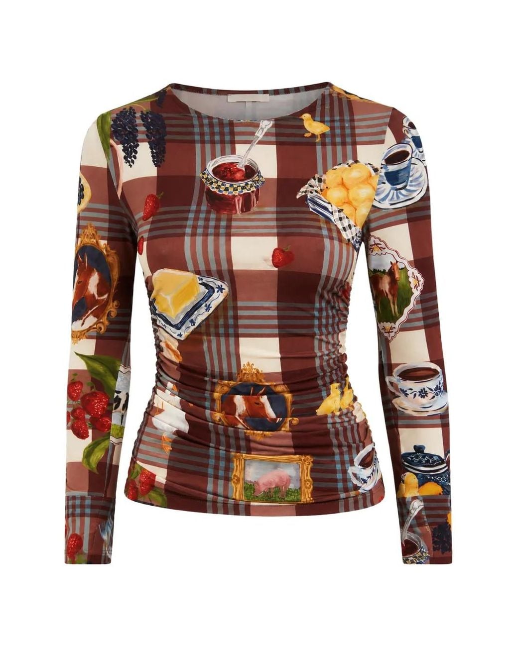 Farm Rio Brown Country Table Check-Print Ruched T-Shirt