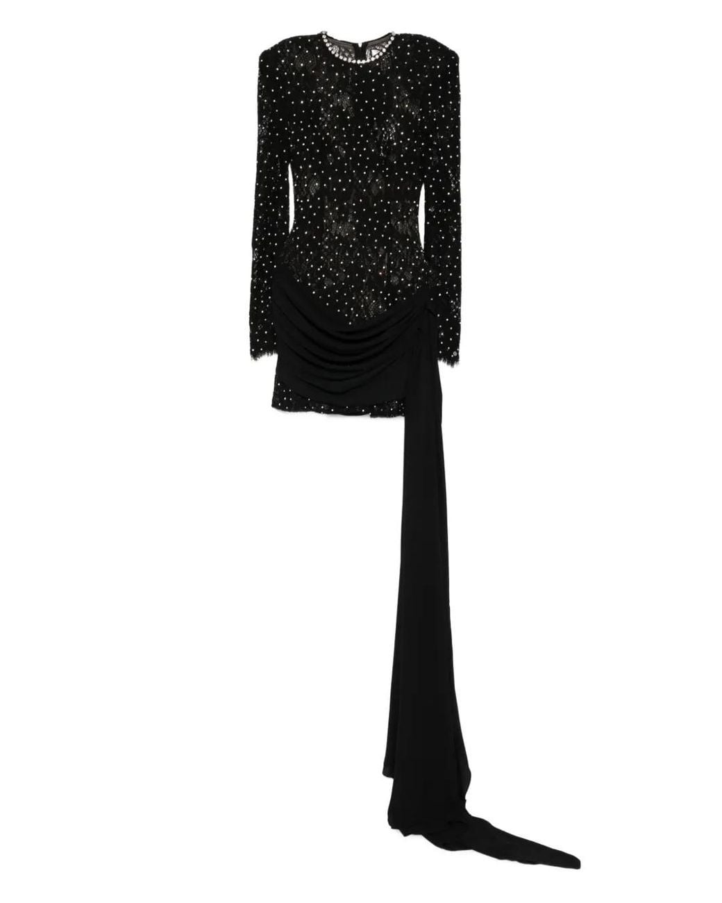 Nissa Black Rhinestone-Embellished Lace Mini Dress