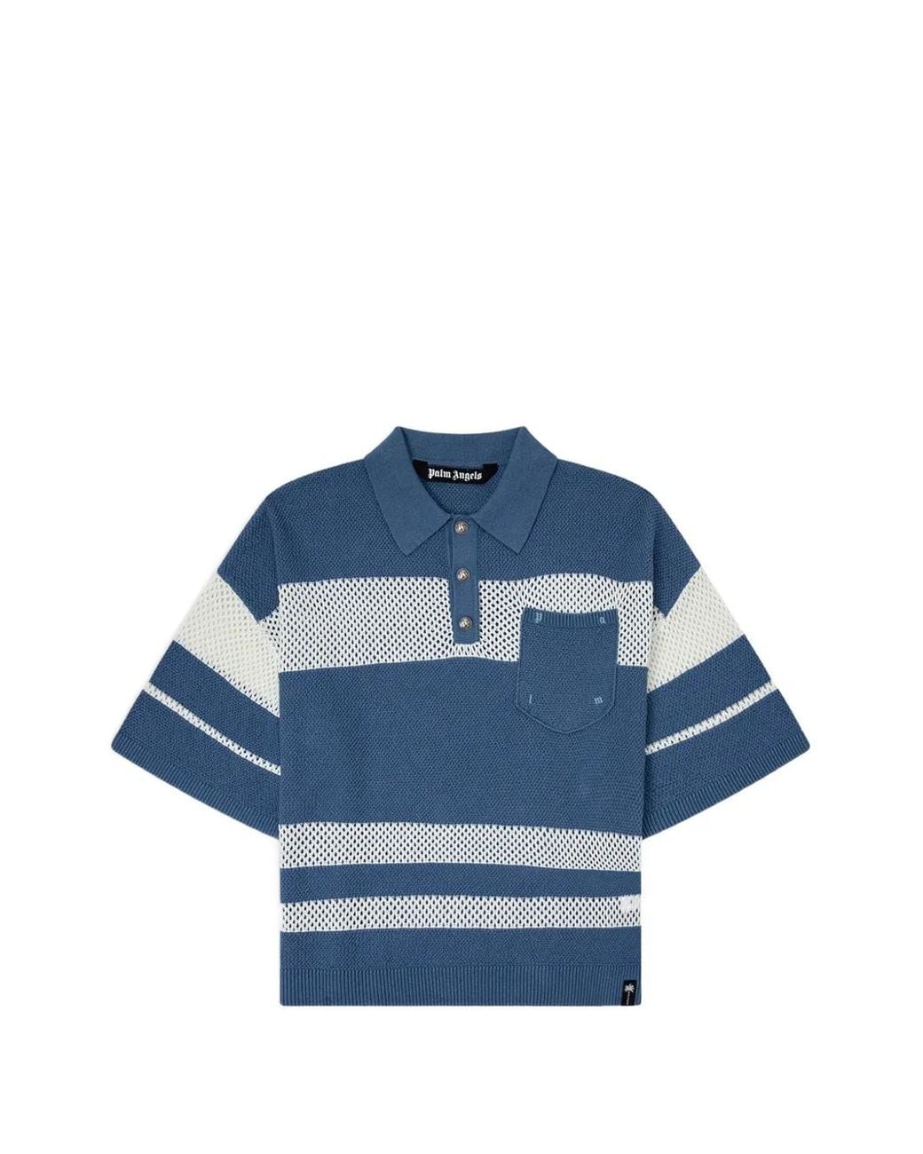 Palm Angels Blue Striped Mesh-Knit Polo Shirt for men