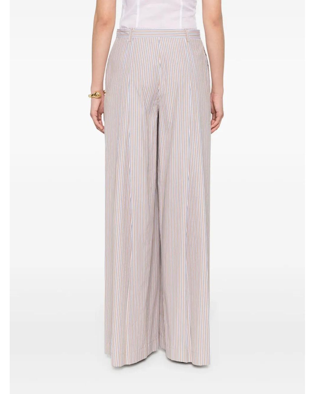 Alberta Ferretti Natural Striped Pleated Wide Trousers