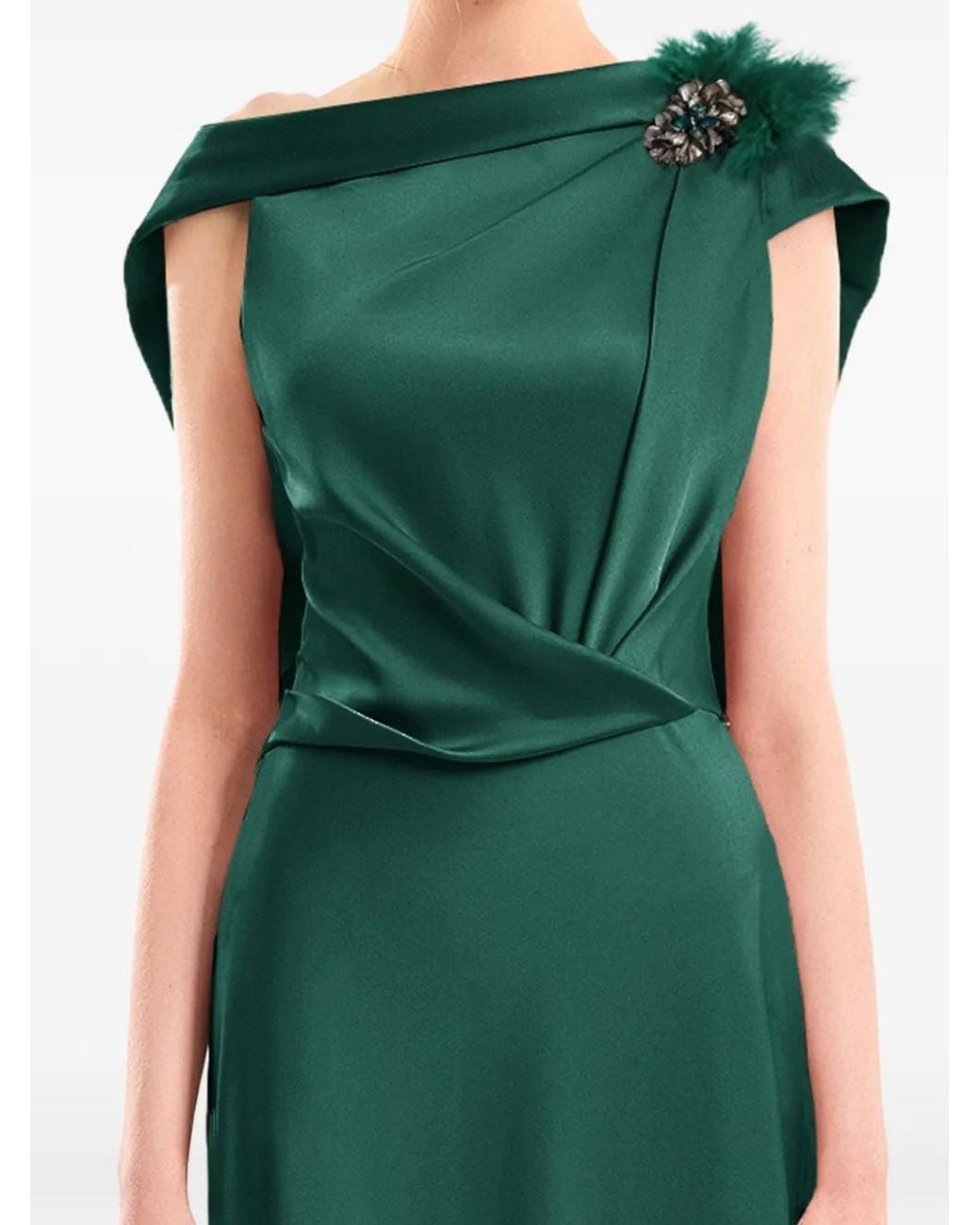 Gemy Maalouf Green Draped Brooch-Embellished Dress
