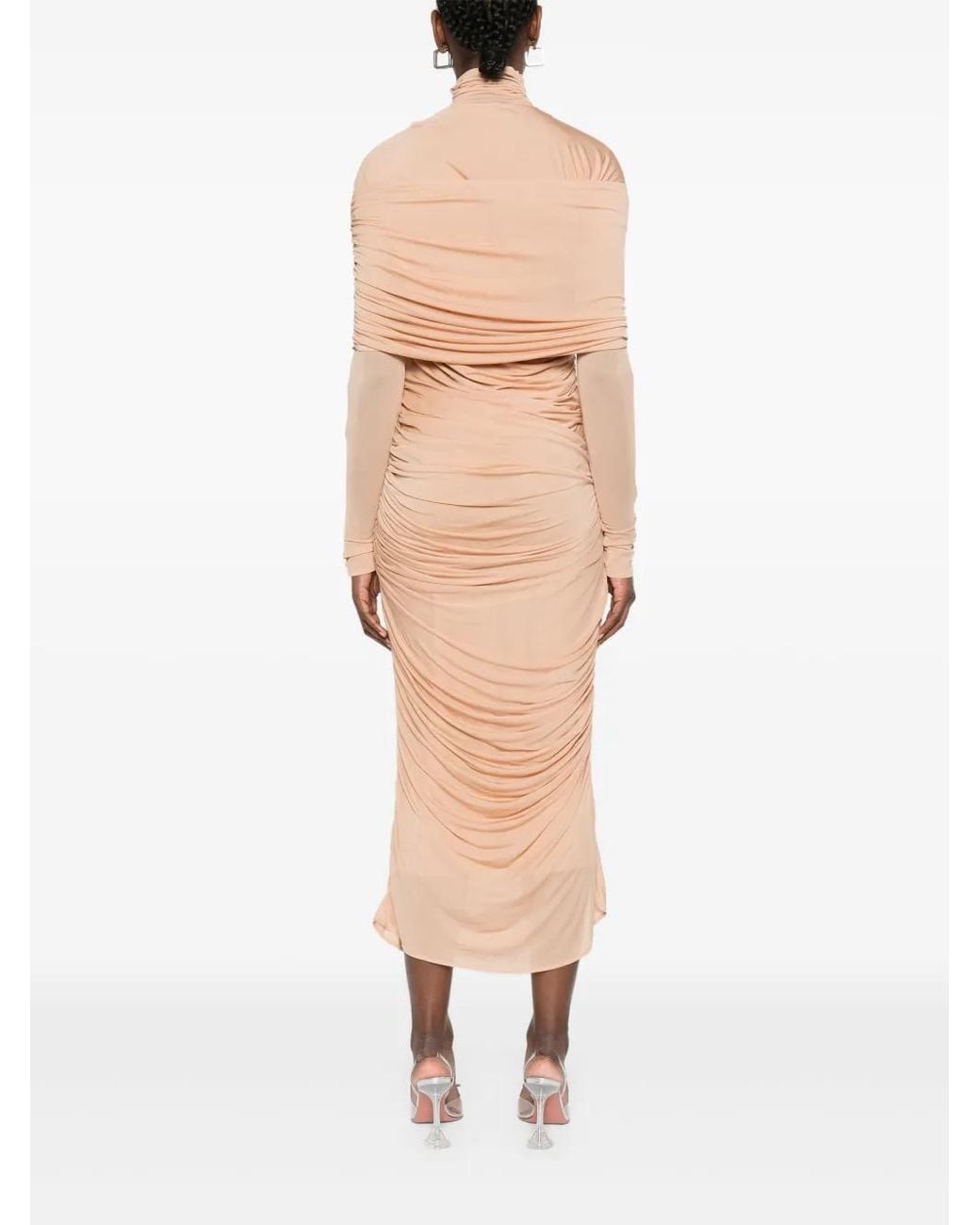 Mugler Natural Ruched Sheer Midi Dress