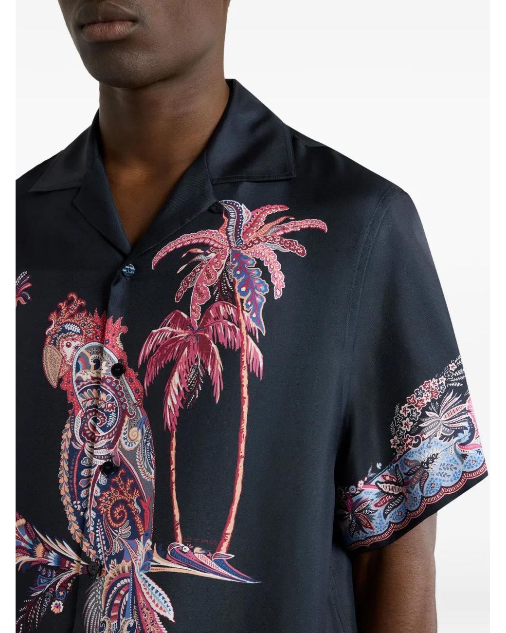 Etro Blue Cotton Bowling Shirt With Placed Parrot Print for men