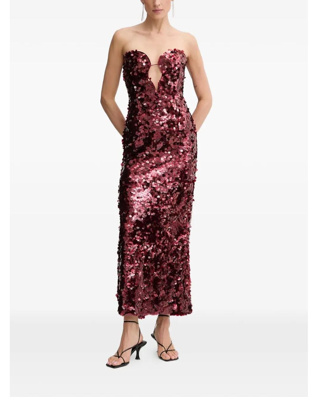 knee length dresses for ladies Women's Sips & Sparkles Wine Red Sequin Strapless Midi Dress | Size: L