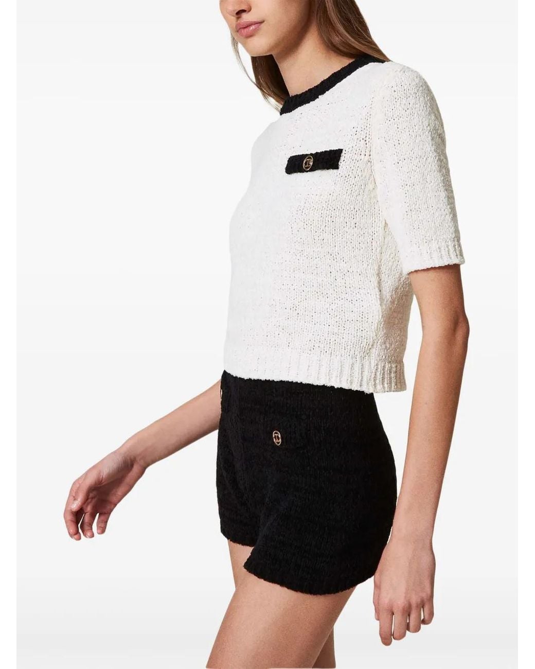 Twinset White Oval T Button Cropped Jumper