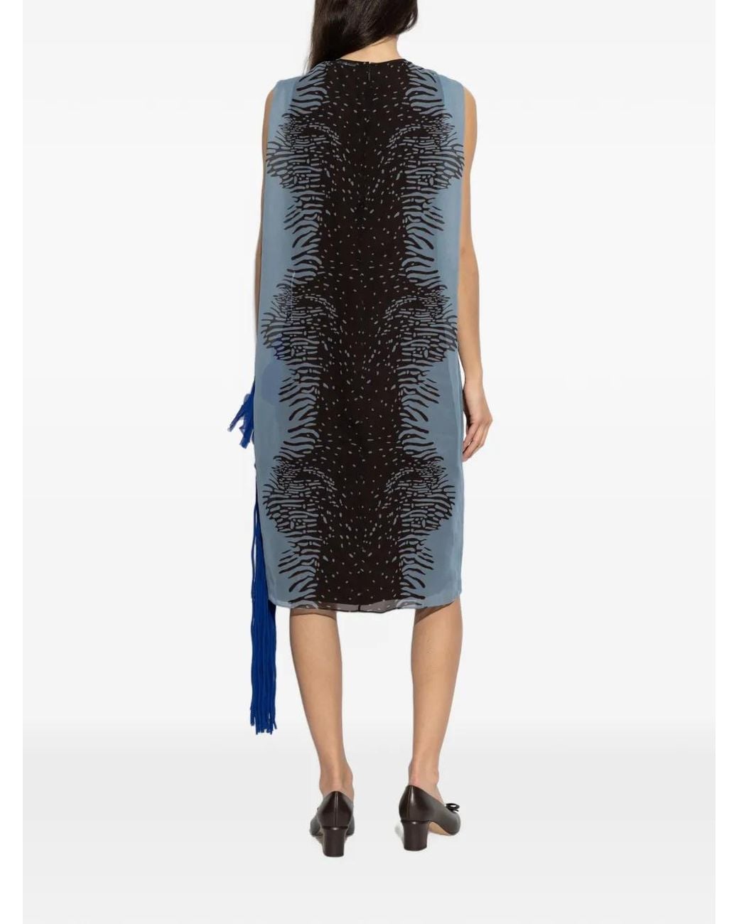 Ferragamo Blue Fringe-Detail Silk Midi Dress