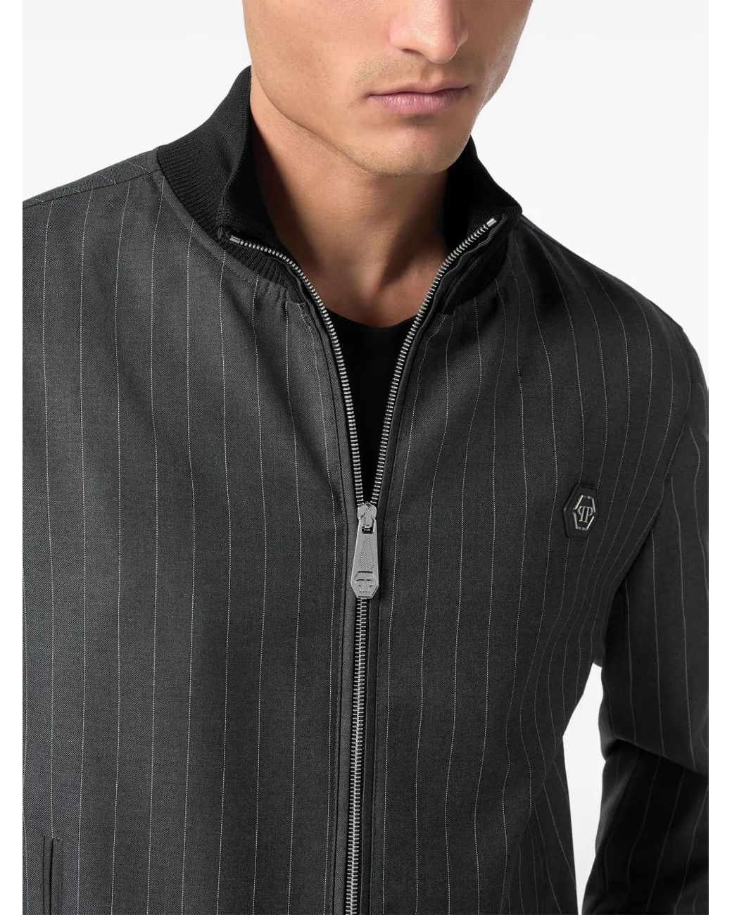Philipp Plein Black Wool Pinstripe Bomber Ls Jacket for men