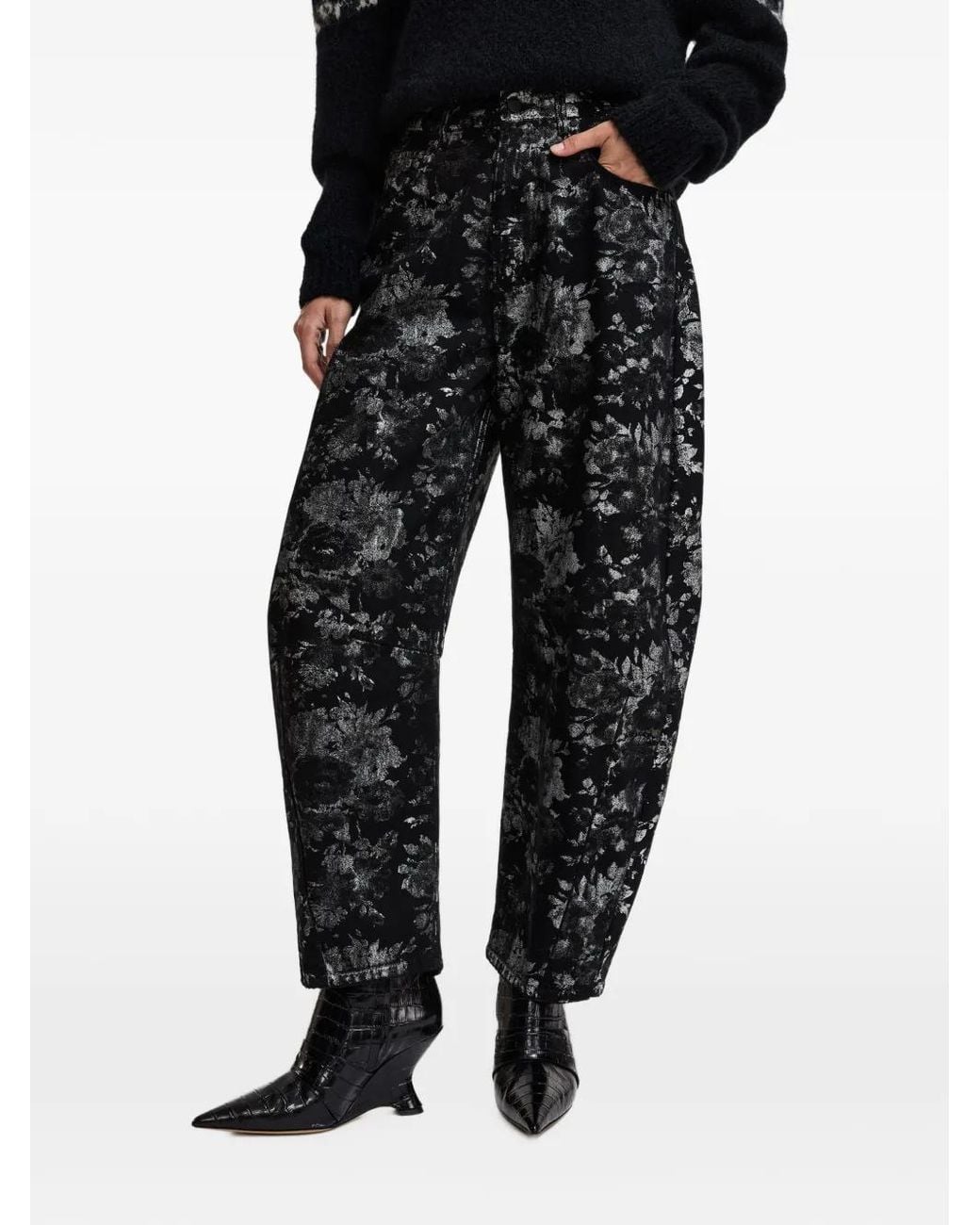 Essentiel Antwerp Black Ko Floral-Print Barrel-Leg Jeans