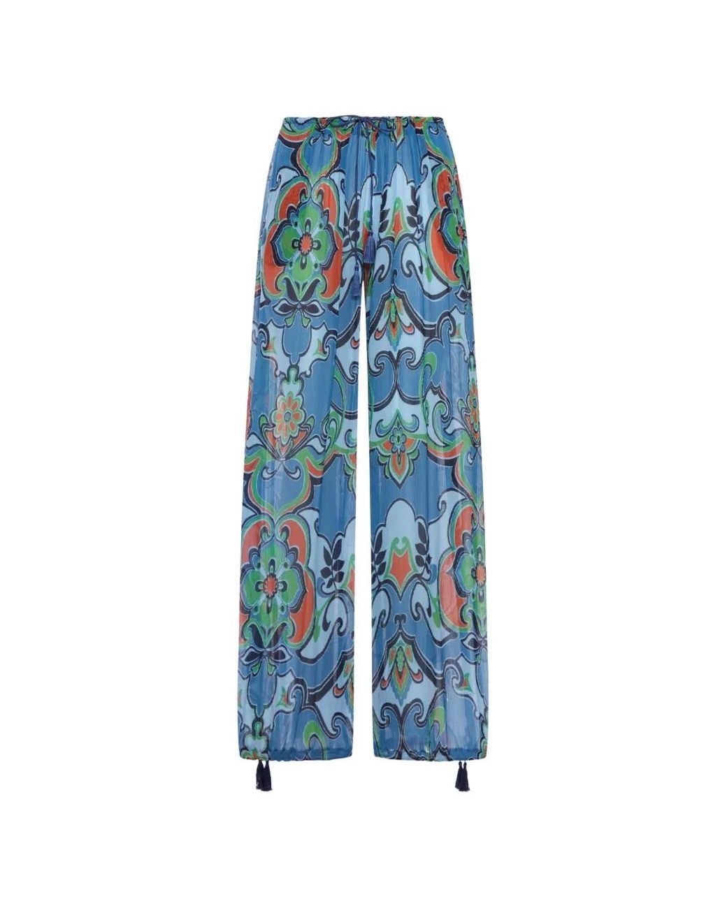 Etro Blue Wide Pants With Tassels