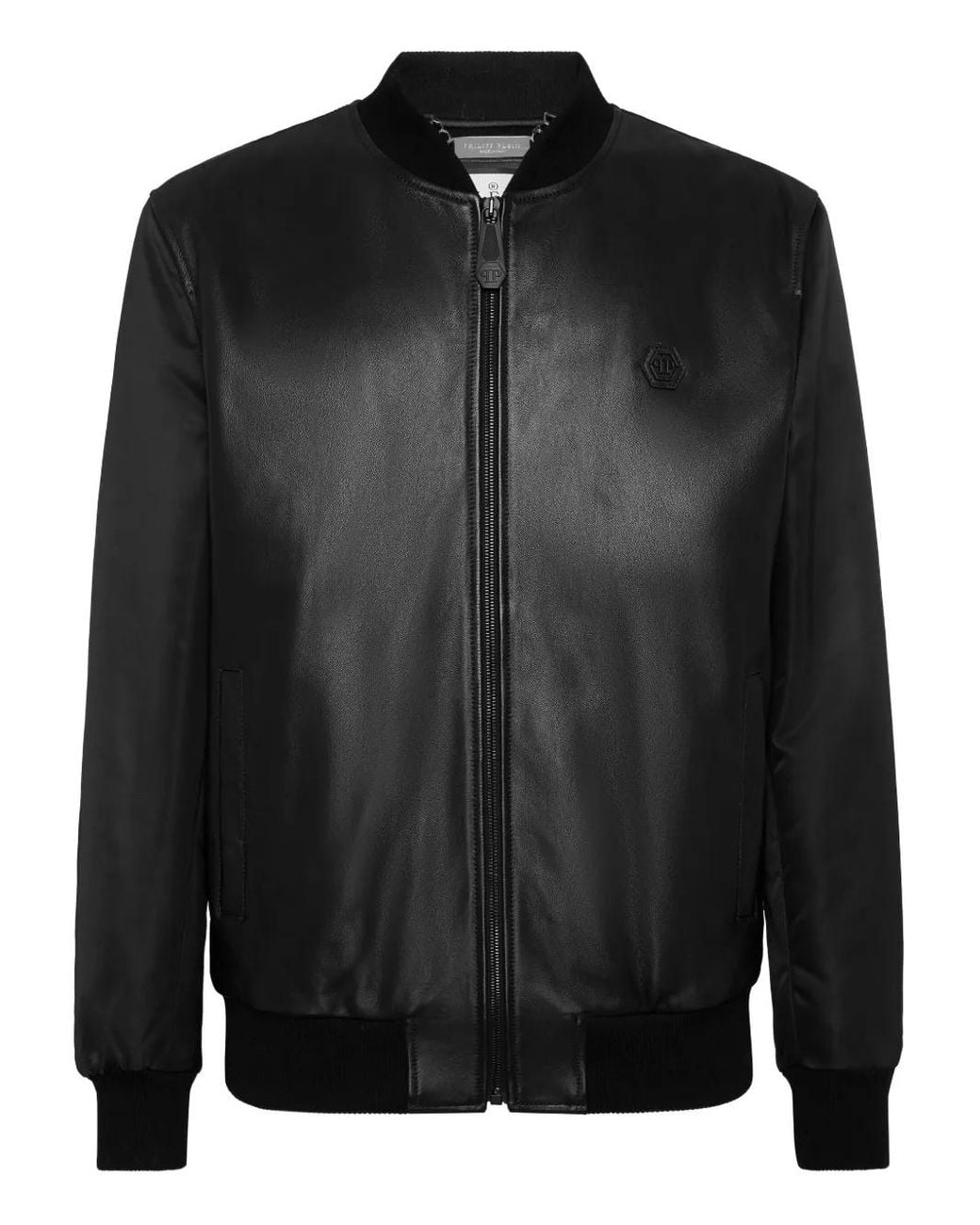 Philipp Plein Black Leather Bomber With Nylon Sleeves for men
