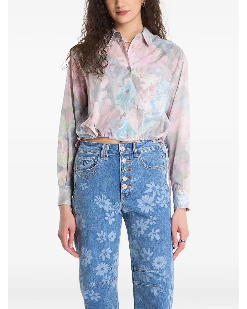 Desigual Blue Floral-Print Cropped Shirt
