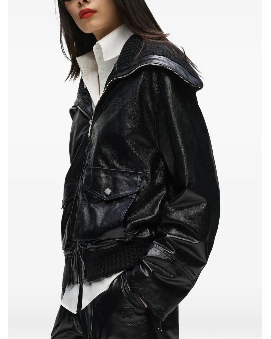 Karl Lagerfeld Black Knitted Collar Leather Jacket