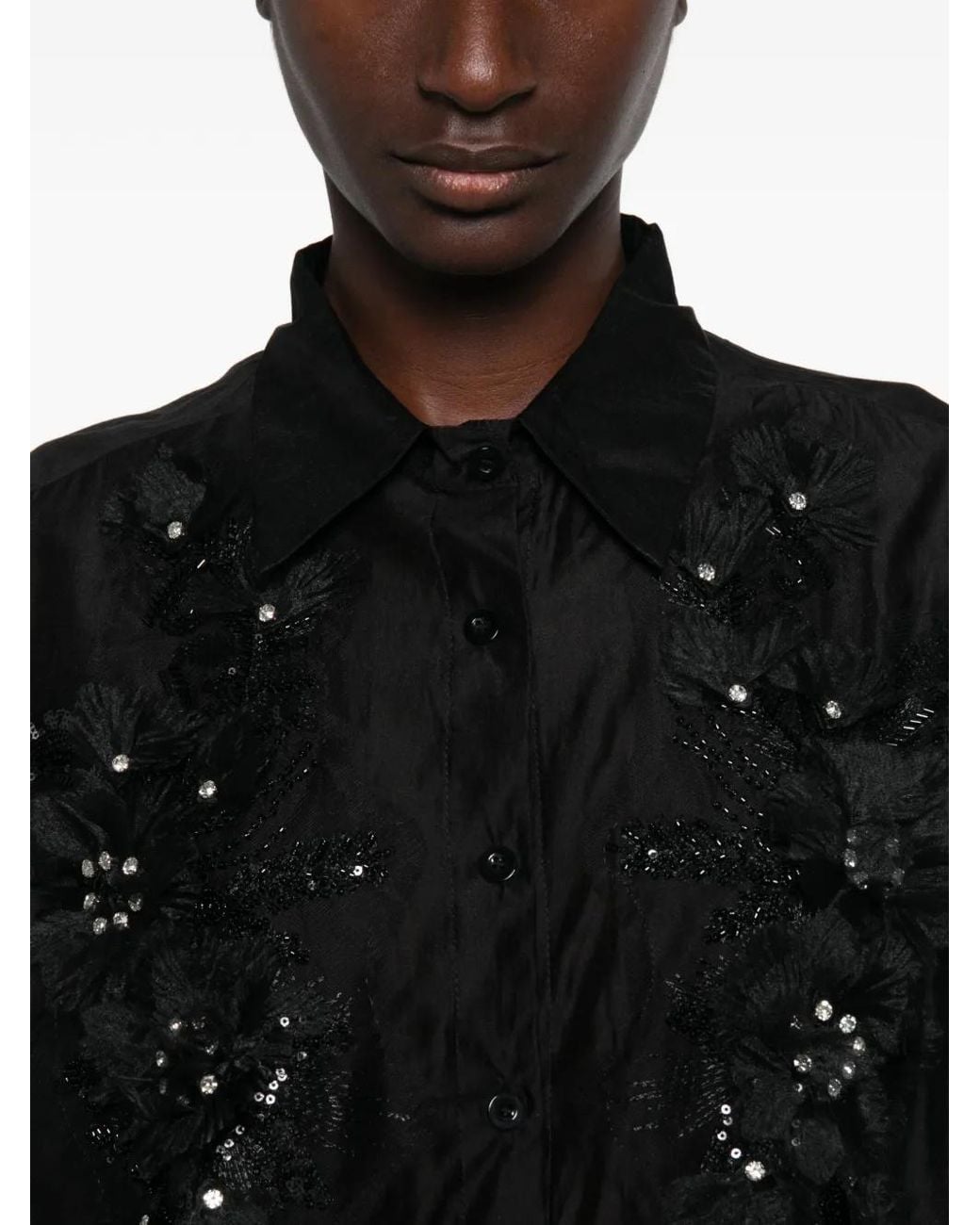 Paperlace Black Sequin-Embellished Floral-Appliqué Shirt