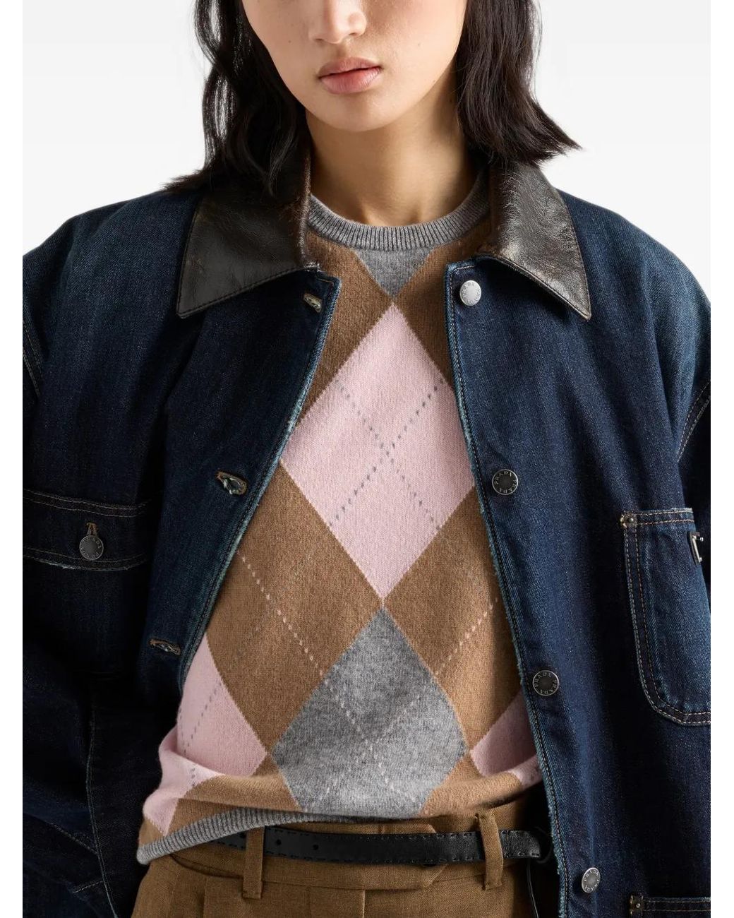 Prada Gray Short-Sleeved Argyle Cashmere Sweater