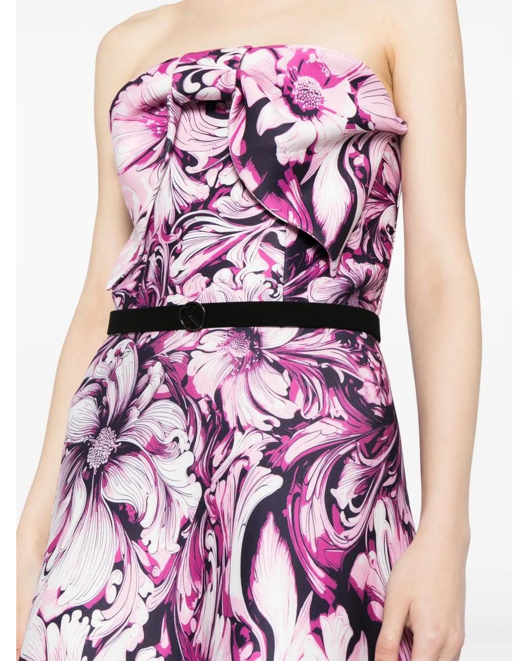 Saiid Kobeisy Pink Floral-Print Belted Strapless Gown
