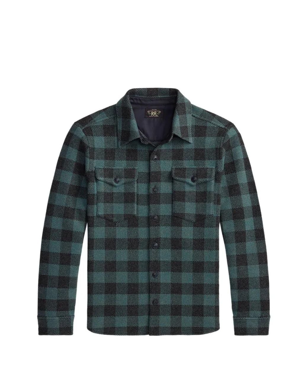 RRL Green Plaid Straight-Collar Works Hirt for men