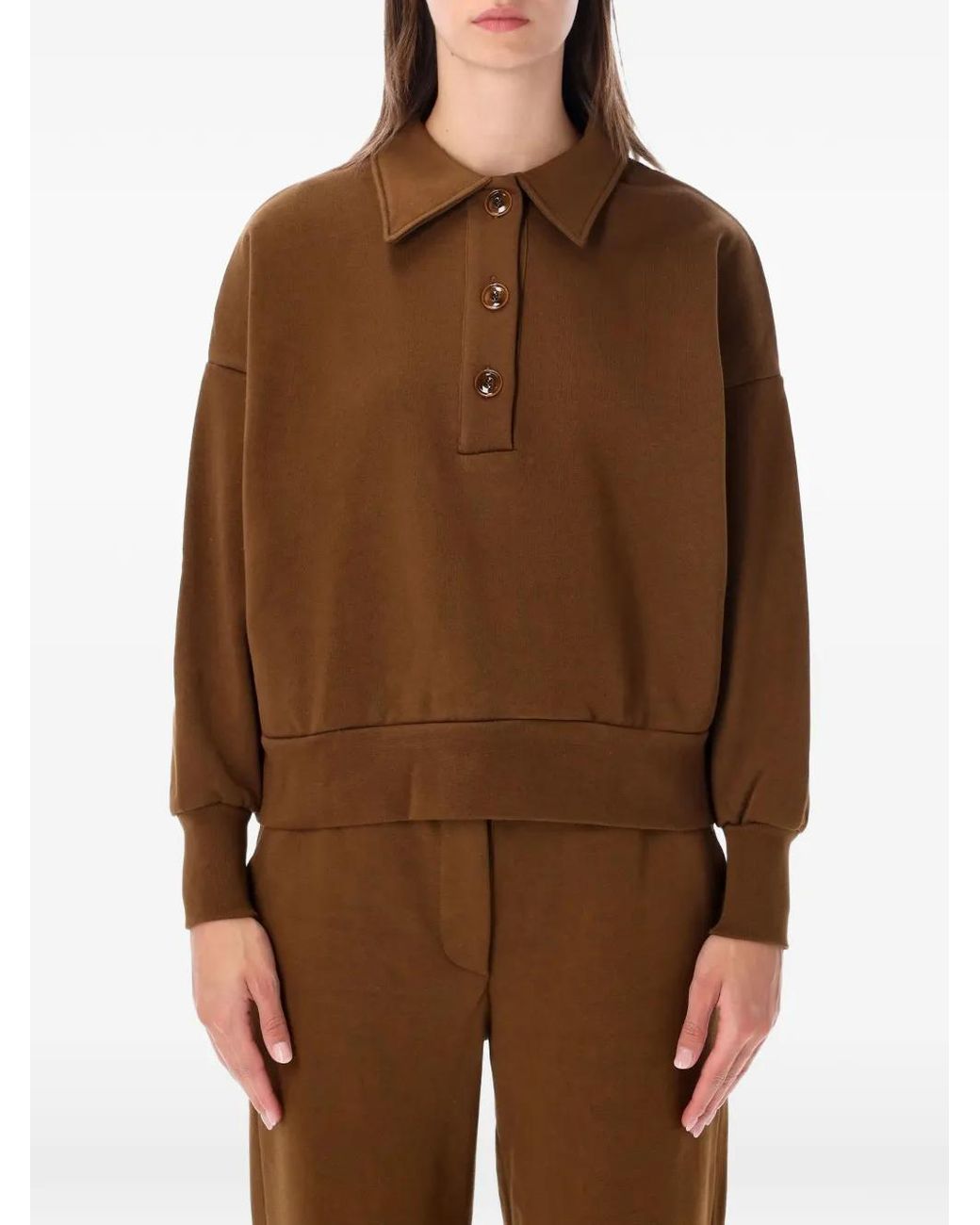 Sessun Brown Blove Button-Placket Drop-Shoulder Sweater