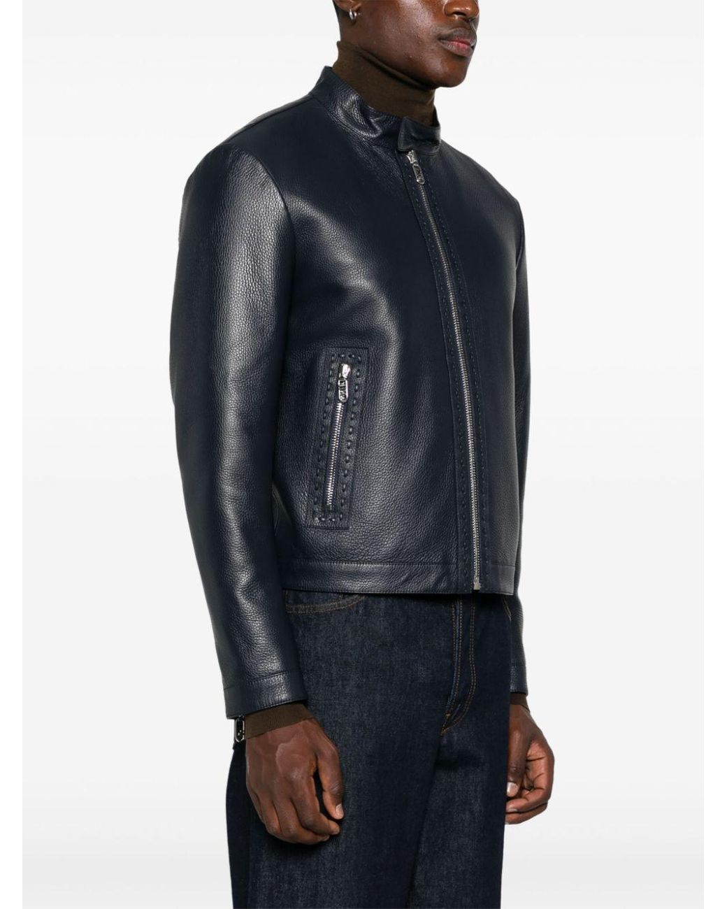 Fendi Selleria Leather Jacket in Blue for Men | Lyst