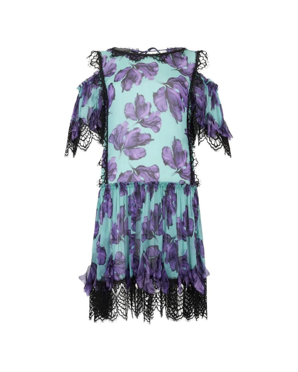 Moschino Blue Floral-Print Lace-Trim Mini Dress