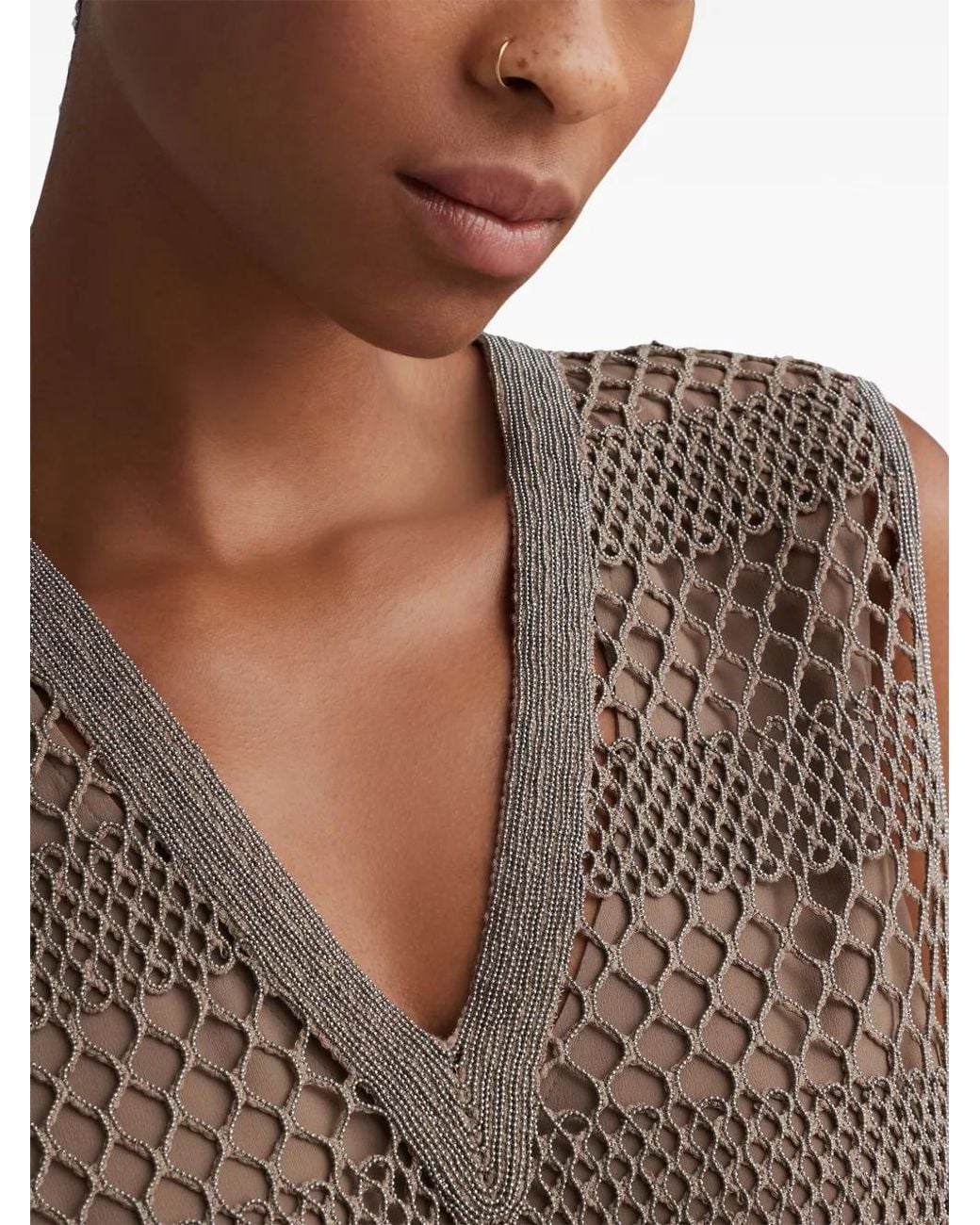 Brunello Cucinelli Brown Crepe De Chine Net Embroidered Top