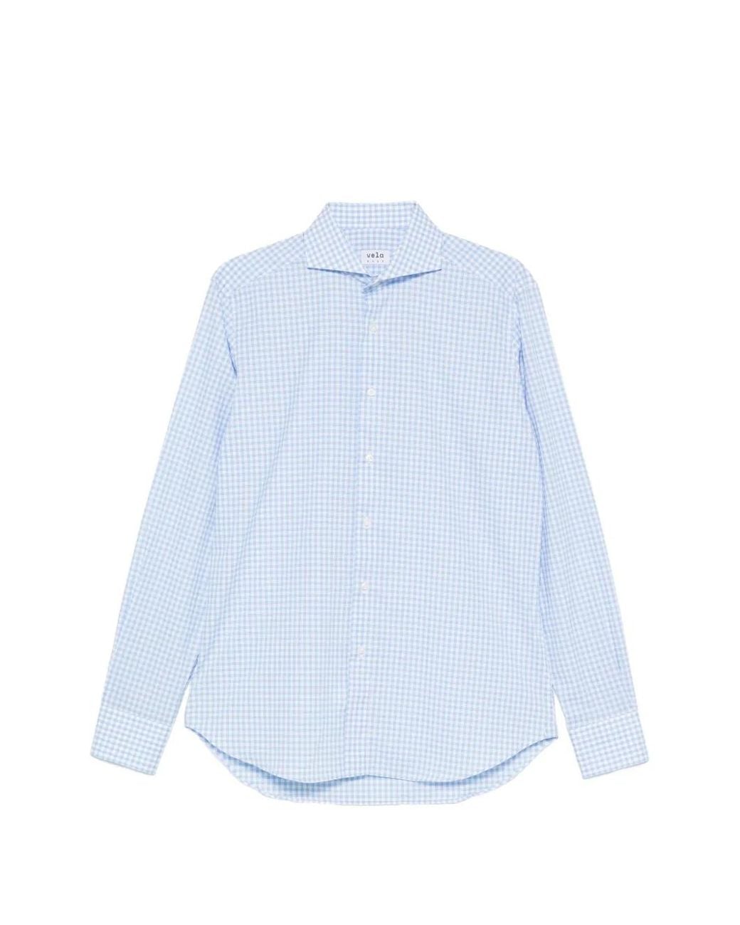 VELA SHOP Blue Gingham-Check Long-Sleeve Shirt for men