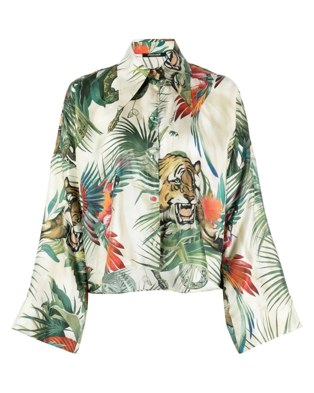 Roberto Cavalli Green Graphic-Print Silk Shirt