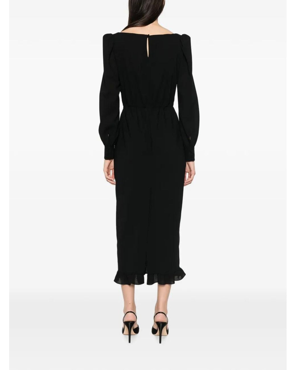 Alessandra Rich Black Wool Crêpe Midi Dress With Scoop Neckline