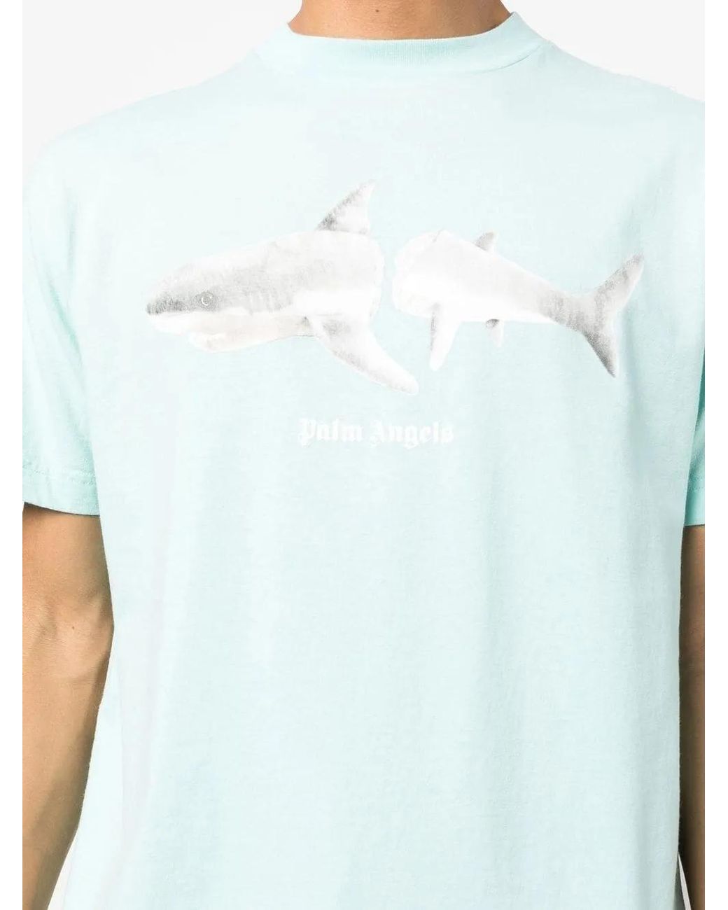 Palm Angels Blue Shark-print Organic Cotton T-shirt for men