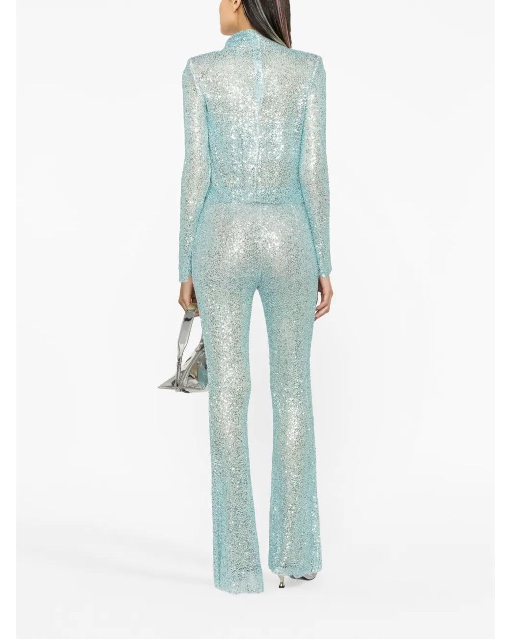 Self-Portrait Blue Sequin-Embellished Mesh Trousers