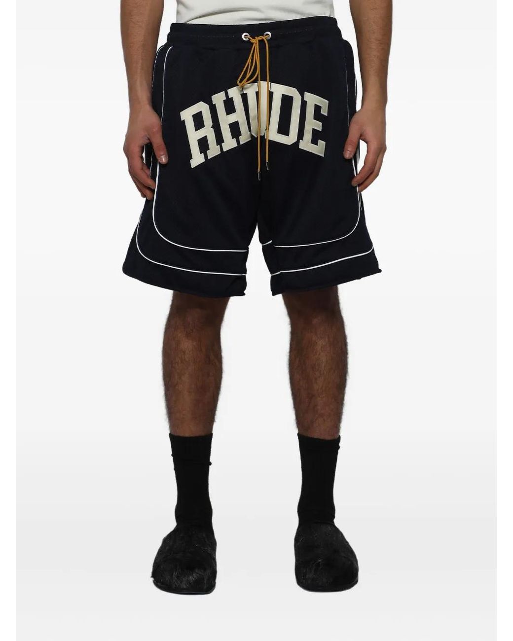 Rhude Black Collegiate Logo-Print Mesh Shorts for men