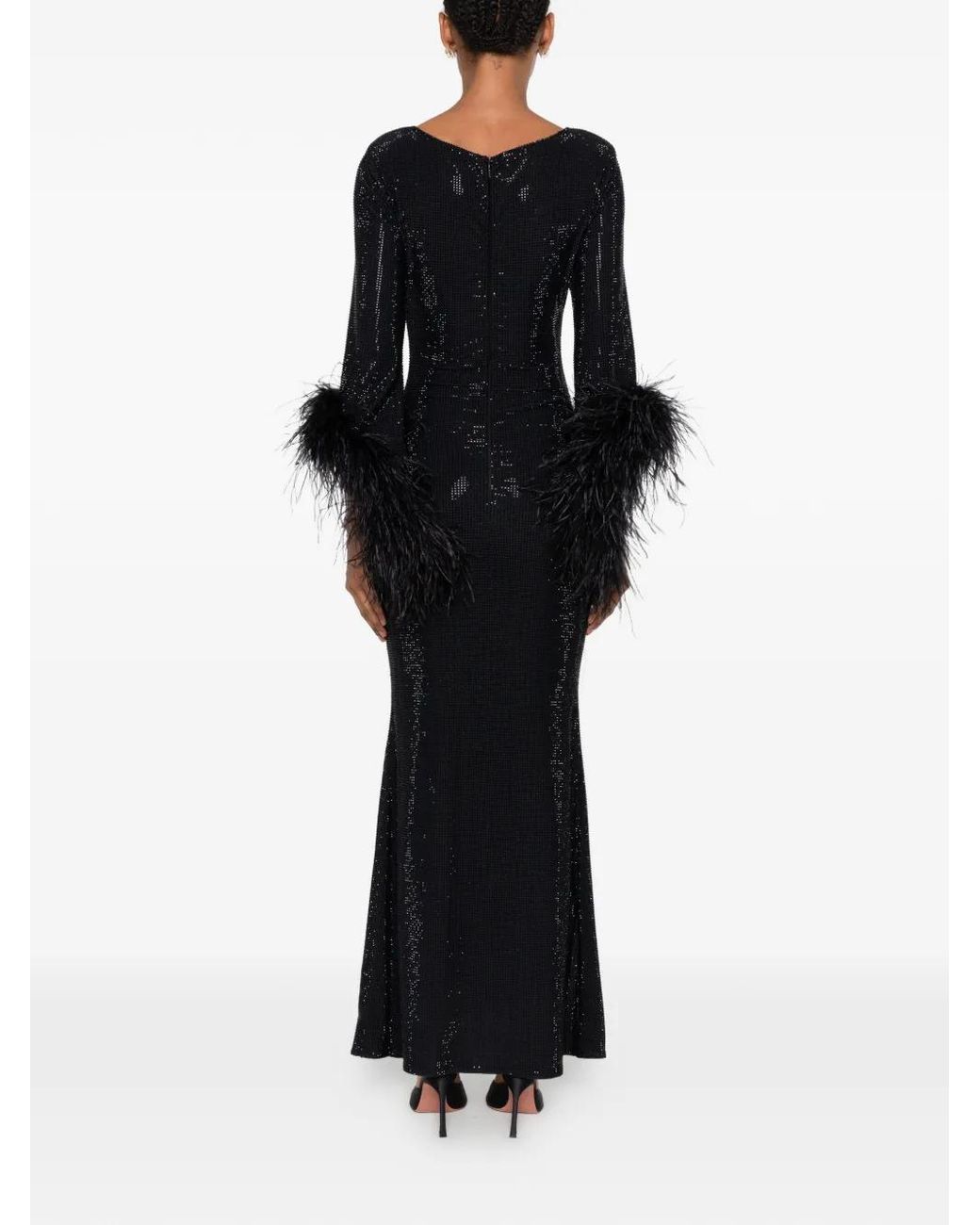 Miron Black Crystal-Embellished Feather-Trim Dress