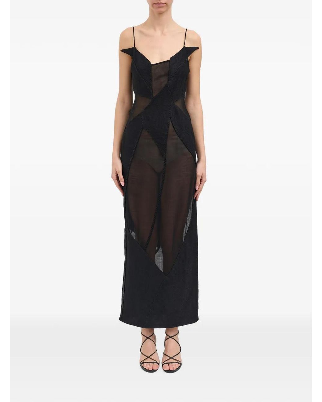Yehuafan Black Sheer-Panelled Wool Dress
