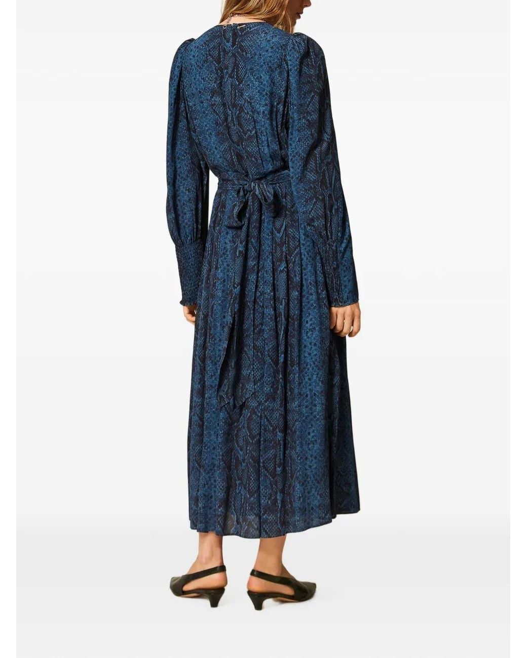 Twinset Blue Long Python Print Crew-Neck Dress