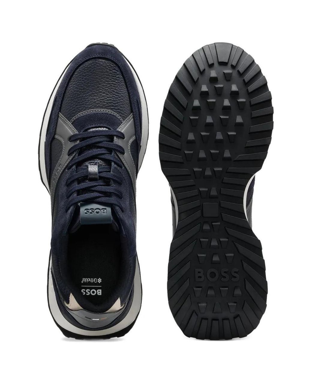 Boss Blue Leather Panelled Sneakers for men