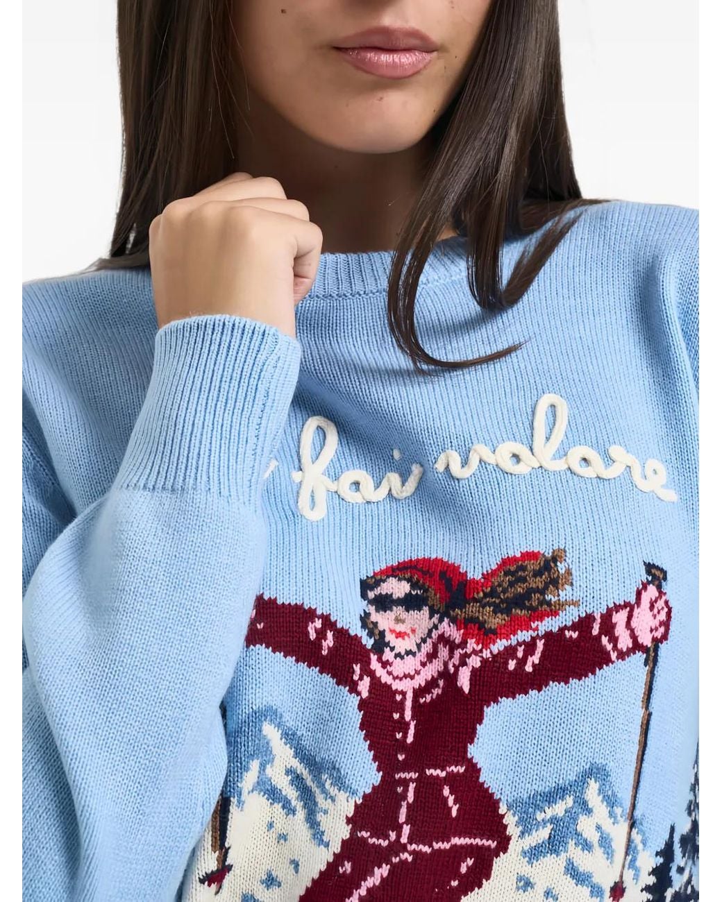 Mc2 Saint Barth Blue Light- New Queen Crewneck Knit With Mi Fai Volare Embroidery Sweater