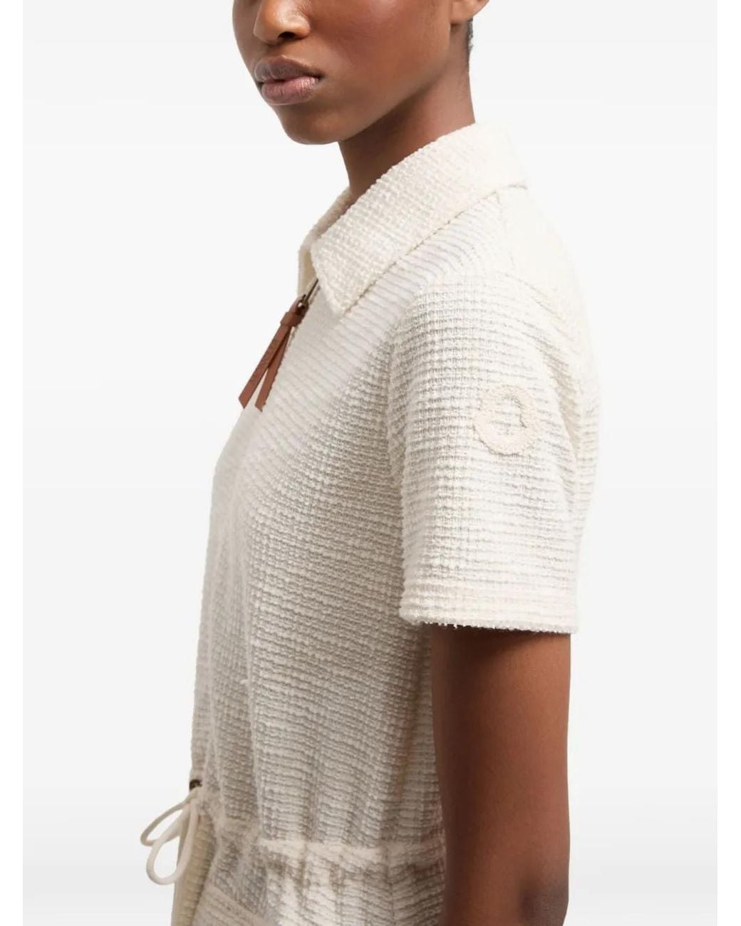 Moncler White Robe Courte En Bouclé À Lien De Resserrage À La Taille