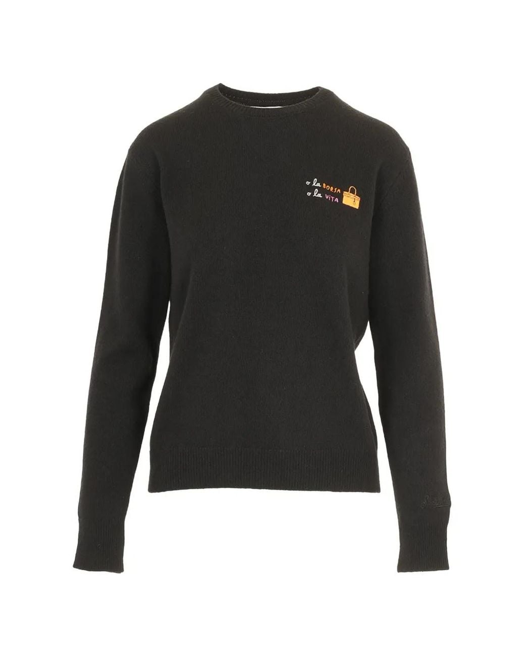 Mc2 Saint Barth Black New Queen Wool And Cashmere Blend Crewneck With O La Borsa O La Vita Embroidery