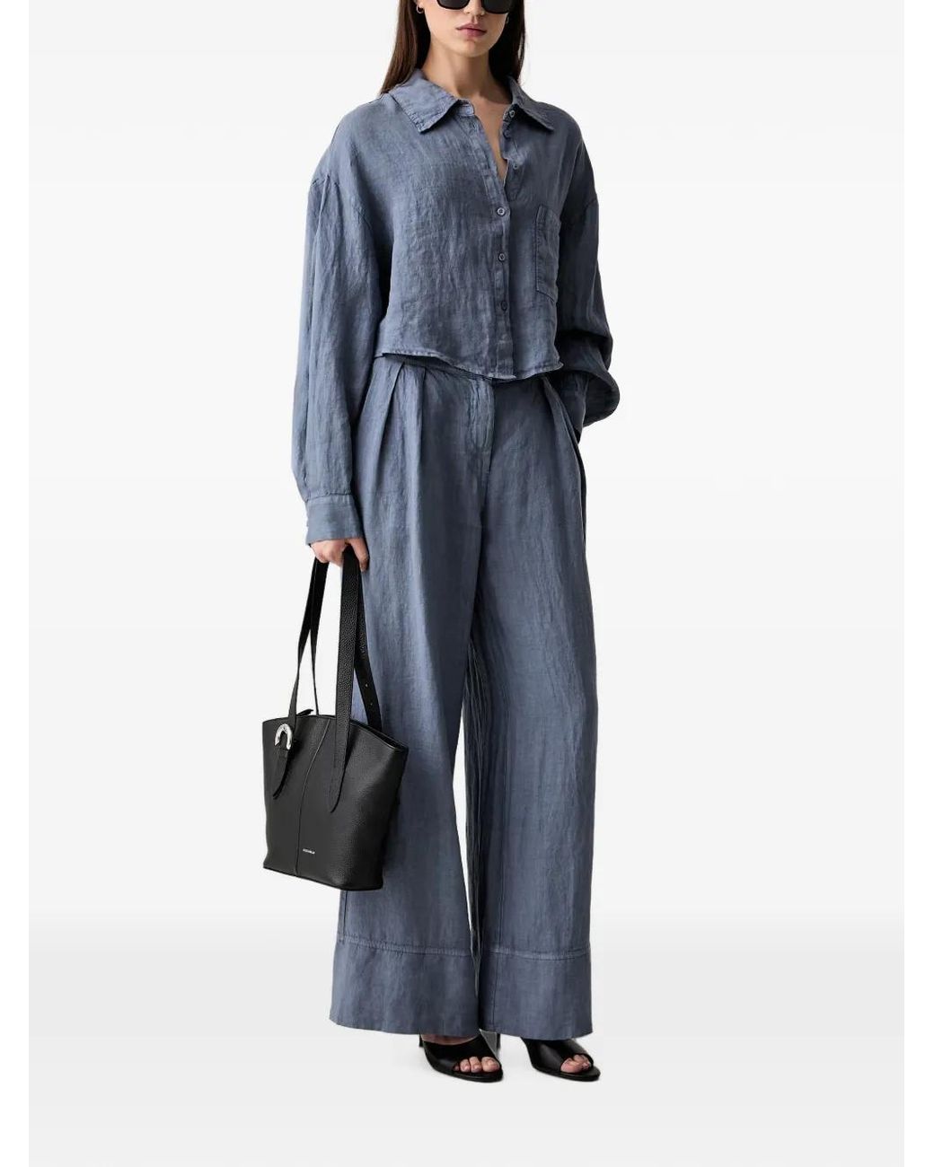 ViCOLO Blue Cropped Button-Down Linen Shirt