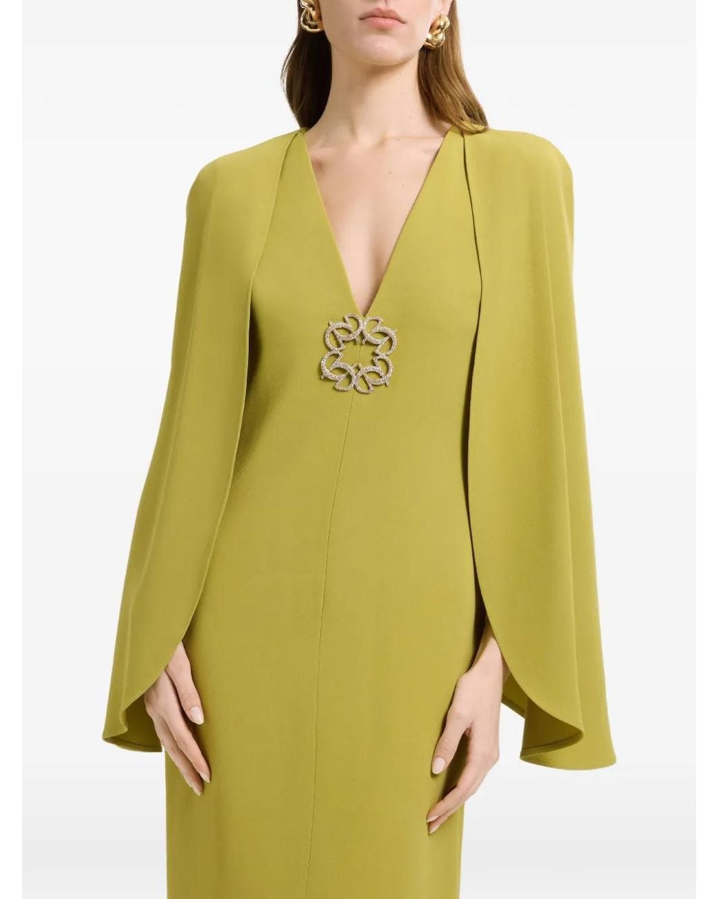 Elie Saab Green Cape-Detail Brooch-Embellished Maxi Dress