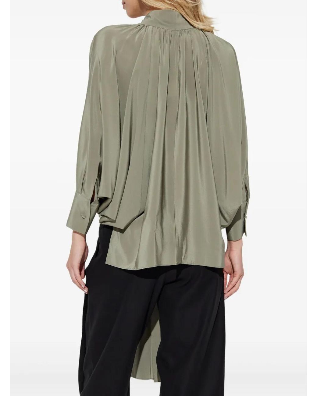 Max Mara Green Pleated Tie-Neck Blouse