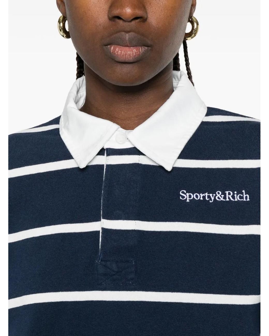 Sporty & Rich Blue Striped-Pattern Cropped Rugby Shirt